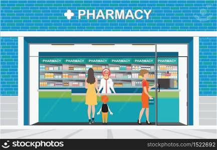 Female pharmacist at the counter in a pharmacy shop opposite of shelves with medicines, building exterior front view and interior, drug store Health care conceptual vector illustration.