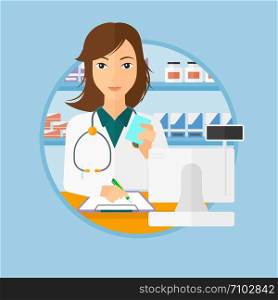 Female pharmacist writing on clipboard and holding prescription in hand. Pharmacist in medical gown standing at pharmacy counter. Vector flat design illustration in the circle isolated on background.. Pharmacist writing prescription.