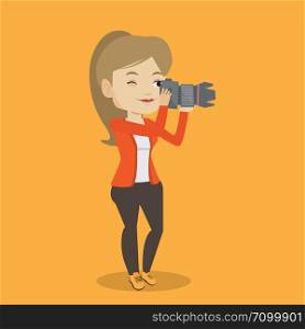 Female photographer taking a photo. Young photographer taking a picture. Caucasian photographer working with digital camera. Vector flat design illustration. Square layout.. Photographer taking photo vector illustration.
