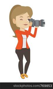 Female photographer taking a photo. Young photographer taking a picture. Caucasian photographer working with digital camera. Vector flat design illustration isolated on white background.. Photographer taking photo vector illustration.