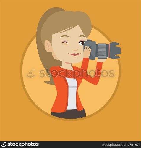 Female photographer taking a photo. Young photographer taking a picture. Caucasian photographer working with digital camera. Vector flat design illustration in the circle isolated on background.. Photographer taking photo vector illustration.