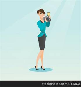 Female photographer taking a photo. Young smiling photographer taking a picture. Caucasian photographer working with a digital camera. Vector flat design illustration. Square layout.. Photographer taking photo vector illustration.