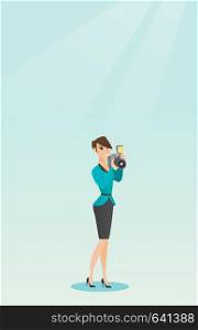 Female photographer taking a photo. Young smiling photographer taking a picture. Caucasian photographer working with a digital camera. Vector flat design illustration. Vertical layout.. Photographer taking photo vector illustration.