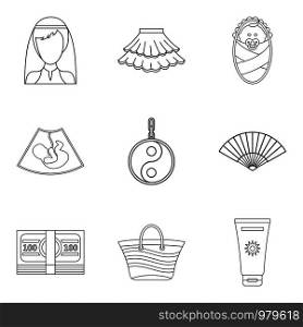 Female pleasure icons set. Outline set of 9 female pleasure vector icons for web isolated on white background. Female pleasure icons set, outline style