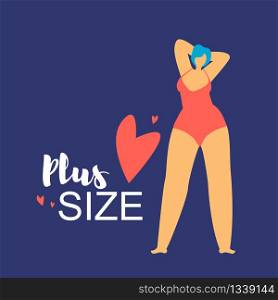 Female Plus Size Character with Short Hair in Red Swimming Suit Stand on Dark Blue Background with Hearts. Body Positive, Love to Own Figure, Freedom, Girl Power Cartoon Flat Vector Illustration.. Plus Size Girl with Short Hair in Red Swimm Suit