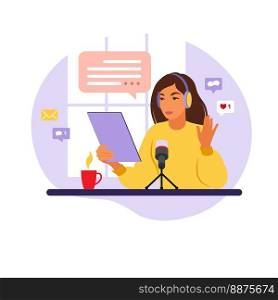 Female podcaster talking to microphone recording podcast in studio. Radio host with table flat vector illustration.
