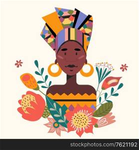 Female portrait with flowers. Beautiful African girl in a turban. Vector illustration.. Female portrait with flowers. Vector illustration.