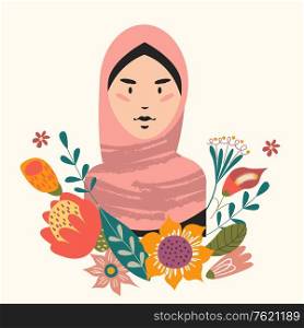 Female portrait with flowers. Beautiful Muslim girl in hijab. Vector illustration.. Female portrait with flowers. Vector illustration.