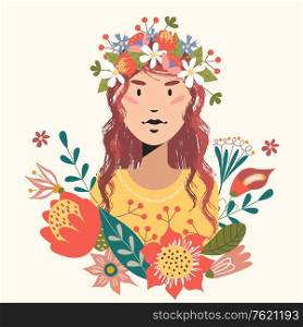 Female portrait with flowers. Beautiful Slavic girl with a flower wreath on her head. Vector illustration.. Female portrait with flowers. Vector illustration.