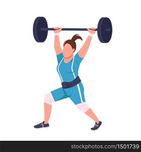 Female powerlifter lifting barbell flat color vector faceless character. Sportswoman workout isolated cartoon illustration for web graphic design and animation. Professional weightlifting exercise. Female powerlifter lifting barbell flat color vector faceless character