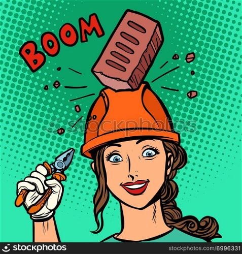 female professional brick falls on helmet. Comic cartoon pop art retro vector illustration drawing. female professional brick falls on helmet