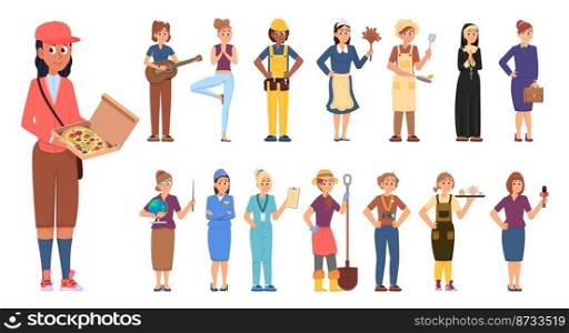 Female professionals characters. Professional office women, professions for girls. Diversity woman careers. Flat cartoon waiter, teacher, doctor vector. Illustration of professional character female. Female professionals characters. Professional office women, mixing professions for girls. Diversity woman careers. Flat cartoon waiter, teacher, doctor decent vector
