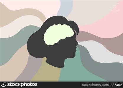 Female profile silhouette with brain image on abstract color background. Vector illustration of a female head with a highlighted brain. The concept of the mind, intelligence, imagination, creativity