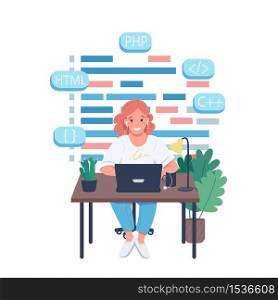 Female programmer flat color vector detailed character. Website design and development job. Woman coding. Work in IT industry isolated cartoon illustration for web graphic design and animation. Female programmer flat color vector detailed character