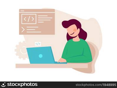 Female programmist. Woman writing code, content manager. Young girl working on laptop vector illustration. Programmer woman software, computer language written by freelancer. Female programmist. Woman writing code, content manager. Young girl working on laptop vector illustration