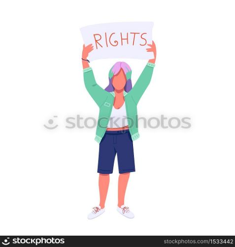 Female protester with placard flat color vector faceless character. Women rights and equality protest. Young feminist holding banner isolated cartoon illustration for web graphic design and animation. Female protester with placard flat color vector faceless character