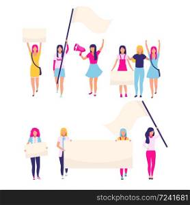 Female protesters with blank placards flat vector characters. Feminist activists, women rights protection, gender equality protest participants. Feminism, women empowerment cartoon illustrations