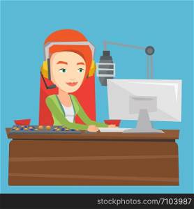 Female radio dj working in front of microphone, computer and mixing console on radio. Caucasian female dj in headset working on a radio station. Vector flat design illustration. Square layout.. Female dj working on the radio vector illustration