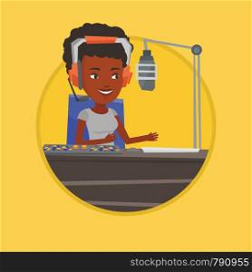 Female radio dj working in front of microphone, computer and mixing console on radio. Dj in headset working on a radio station. Vector flat design illustration in the circle isolated on background.. Female dj working on the radio vector illustration