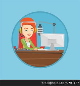 Female radio dj working in front of microphone, computer and mixing console on radio. Dj in headset working on a radio station. Vector flat design illustration in the circle isolated on background.. Female dj working on the radio vector illustration