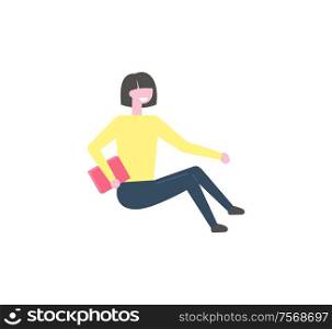Female reader with magazine, vector isolated cartoon girl with textbook in hands. Woman in yellow sweater and black trousers sitting r and reading book. Female Reader with Magazine, Vector Cartoon Girl