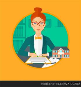 Female real estate agent signing a contract. Real estate agent sitting at workplace in office with a house model on the table. Vector flat design illustration in the circle isolated on background.. Real estate agent signing contract.