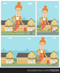Female real estate agent standing near the house and offering it. Young real estate agent leaning on the house. Vector flat design Illustration. Square, horizontal, vertical layouts.. Real estate agent offering house.