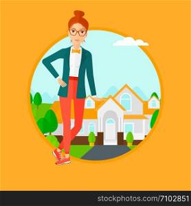 Female real estate agent standing near the house. Real estate agent leaning on the house. Real estate agent offering house. Vector flat design illustration in the circle isolated on background.. Real estate agent offering house.
