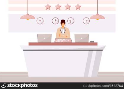 Female receptionist flat color vector illustration. Hotel waiting area, lobby. Front desk clerk, guest registration. Administrative support worker isolated cartoon character on white background
