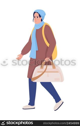Female refugee with bag running away from war semi flat color vector character. Crying figure. Full body person on white. Simple cartoon style illustration for web graphic design and animation. Female refugee with bag running away from war semi flat color vector character