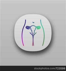 Female reproductive system app icon. Uterus, fallopian tubes and vagina. Women's health. Gynecology. UI/UX user interface. Web or mobile application. Vector isolated illustration. Female reproductive system app icon