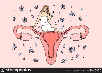 Female reproductive system health concept. Small tine positive pretty woman sitting on huge female healthy uterus feeling confident vector illustration . Female reproductive system health concept.