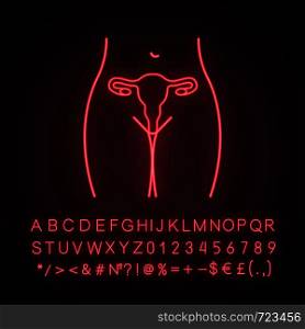 Female reproductive system neon light icon. Uterus, fallopian tubes and vagina. Women's health. Gynecology. Glowing sign with alphabet, numbers and symbols. Vector isolated illustration. Female reproductive system neon light icon