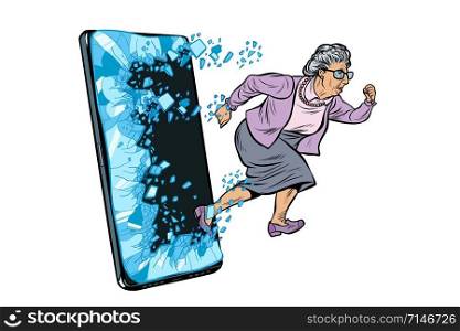 female retired lady and new technology concept. grandmother punches the screen of the smartphone and goes online. Phone gadget smartphone. Online Internet application service program. Pop art retro vector illustration drawing vintage kitsch. female retired lady and new technology concept. grandmother punches the screen of the smartphone and goes online