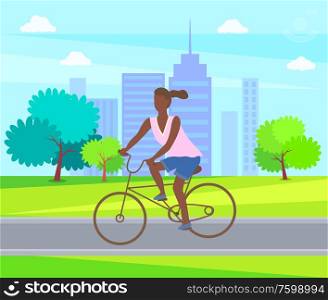 Female ride on cycle, active way of life. Woman cycling in park, afro-american lady riding on bike. Vector teenage girl at bicycle cartoon character, buildings. Female Ride on Cycle, Active Life. Woman Cycling