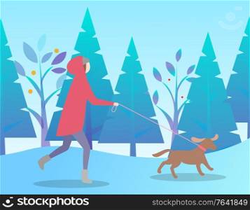 Female running with dog in park, leisure or winter holiday in forest. Woman leading domestic animal near fir-trees in snowy weather. Person wearing warm clothes for walking in frost weather vector. Person Activity with Dog in Winter Time Vector