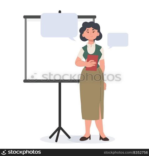 female school teacher is present project on board.Flat vector cartoon character illustration