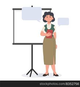 female school teacher is present project on board.Flat vector cartoon character illustration