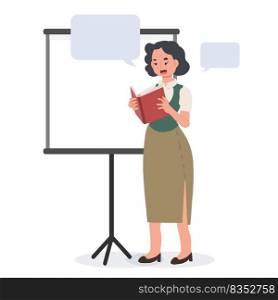 female school teacher is reading a book.Flat vector cartoon character illustration