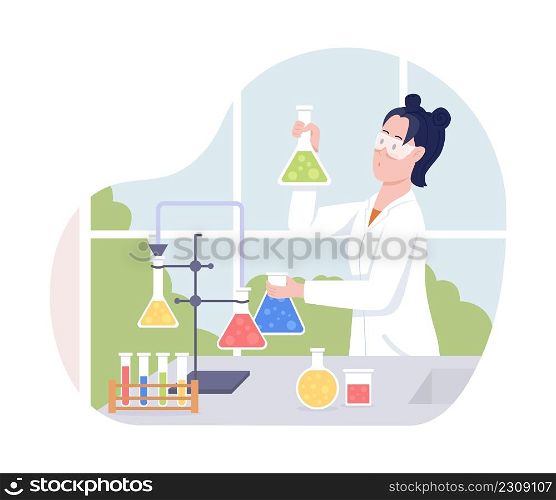 Female scientist 2D vector isolated illustration. School education. High school student flat character on cartoon background. Chemistry class colourful scene for mobile, website, presentation. Female scientist 2D vector isolated illustration