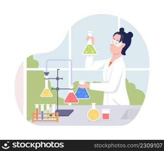 Female scientist 2D vector isolated illustration. School education. High school student flat character on cartoon background. Chemistry class colourful scene for mobile, website, presentation. Female scientist 2D vector isolated illustration