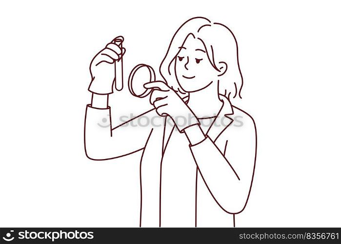 Female scientist in white medical uniform explore tube with magnifying glass. Woman researcher analyze laboratory specimen with magnifier. Vector illustration.. Female scientist work with tube in laboratory