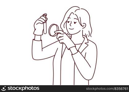 Female scientist in white medical uniform explore tube with magnifying glass. Woman researcher analyze laboratory specimen with magnifier. Vector illustration.. Female scientist work with tube in laboratory