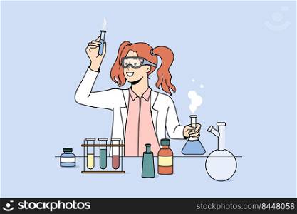 Female scientist working with tubes in laboratory. Professional researcher do experiments in lab. Science and chemistry. Vector illustration.. Female scientist do experiments in lab