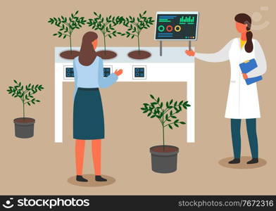 Female scientists are examining plant s&les. Chemically Nitrate Test. Urban agriculture and gardening. Charts and diagrams. Scientists carry experiments in the laboratory. Flat vector illustration. Scientists women in the lab carrying tests, plants and harvests. Urban agriculture. Chemically test