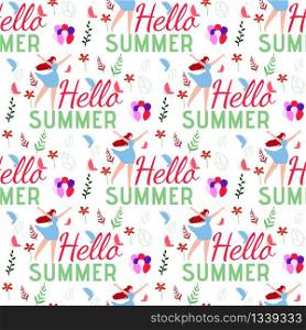 Female Seamless Pattern in Herb Summertime Style. Cartoon Pretty Girl with Balloons in Hand. Endless Illustration with Flat Greeting Lettering Hello Summer. Leaves, Butterflies, Flowers Vector Decor. Female Seamless Pattern in Herbal Summer Style