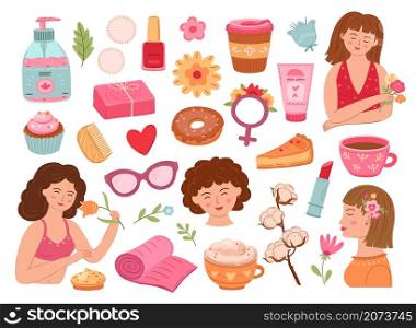 Female self care. Love it, confident woman loved yourself. Happy girl things, relaxation cosmetics and caring. Cute hug, doodle girly vector set. Illustration confidence woman, care yourself and love. Female self care. Love it, confident woman loved yourself. Happy girl things, relaxation cosmetics and caring. Cute hug, doodle girly exact vector set