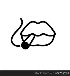 Female sexy lips holding cigarette in the mouth, drawn by one black line. Lips holding cigarette in the mouth, by one line