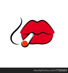 Female sexy lips holding cigarette in the mouth, red Illustration drawn in the comics style. Lips holding cigarette in the red mouth