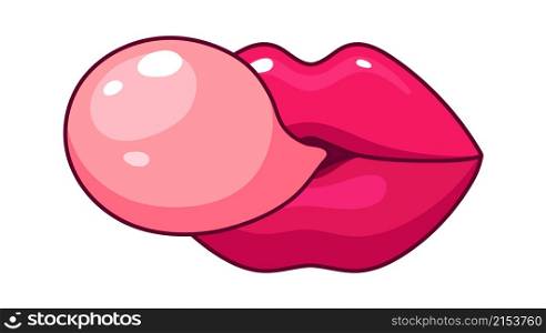 Female sexy lips. Pink girl mouth with gum bubble. Cartoon isolated fashionable sticker, vector glamour patch for textile decor or print. Illustration of female lips, gum bubble and chewing. Female sexy lips. Pink girl mouth with gum bubble. Cartoon isolated fashionable sticker, vector glamour patch for textile decor or print